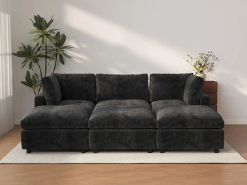 Seccional Deluxe Cloud de 3 plazas negro | 6 piezas (incluye 3 pufs), tela chenilla de mezcla de lino, fundas de cojín lavables
