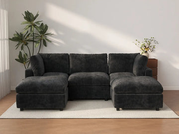 Sofá Seccional en Forma de U Negro de Lujo Cloud de 3 Plazas | 5 Piezas (Incluye 2 Otomanas), Tela de Chenilla Mezcla de Lino, Fundas de Cojín Lavables