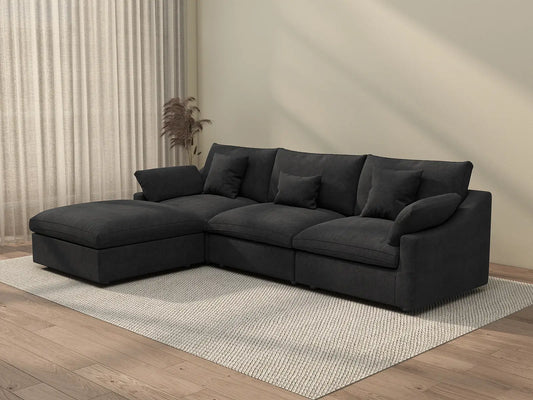 Deluxe Cloud 3-Seater Black Washable L-Shaped Sectional | 4-Piece (includes 1 Ottoman), Chenille and Linen Fabric, Modular Design