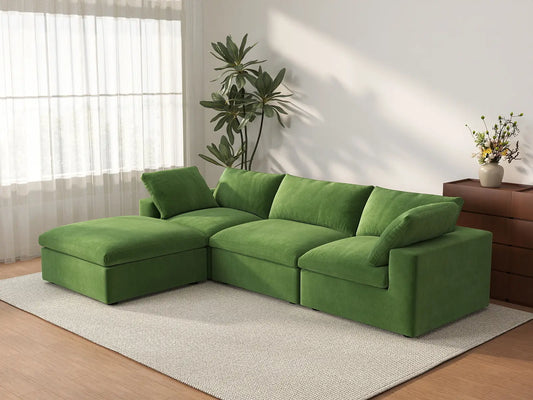 Deluxe Cloud 3-Seater Earth Green Sofa Set | 4-Piece (Includes 1 Ottoman), Velvet Fabric, Washable Cushion Covers