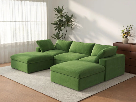 Deluxe Cloud 3-Seater Earth Green U-Shaped Sectional | 5-Piece (Includes 2 Ottomans), Velvet Fabric, Family Room Seating, Washable Cushion Covers
