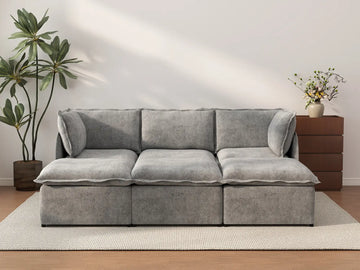 Deluxe Cloud 3-Seater Grey Large Space Pit Sectional | 6-Piece (Includes 3 Ottomans), Linen Look Poly Fabric, Easy To Clean