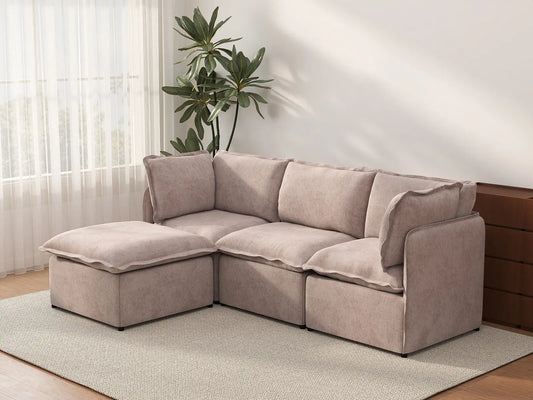 Deluxe Cloud 3-Seater Khaki L-Shaped Sectional | 4-Piece (Includes 1 Ottoman), Linen Look Poly Fabric, Washable Cushion Covers