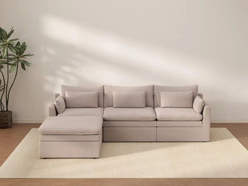 Deluxe Cloud 3-Seater Khaki L-Shaped Sectional | 4-Piece (Includes 1 Ottoman), Linen Look Poly Fabric, Washable Cushion Covers