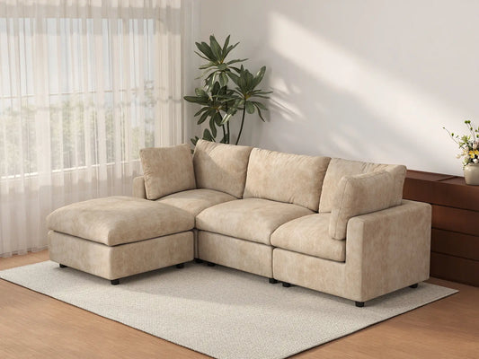 Deluxe Cloud 3-Seater Khaki Large Space L-Shaped Sectional | 4-Piece (Includes 1 Ottoman), Linen-Blend Chenille Fabric, Easy To Clean