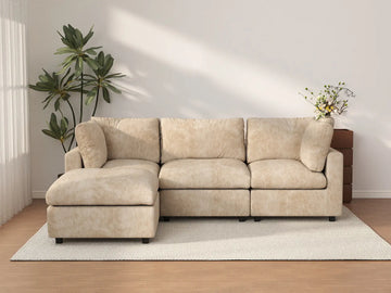 Deluxe Cloud 3-Seater Khaki Large Space L-Shaped Sectional | 4-Piece (Includes 1 Ottoman), Linen-Blend Chenille Fabric, Easy To Clean