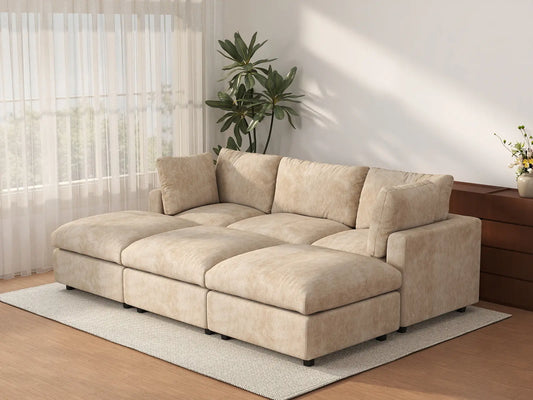 Deluxe Cloud 3-Seater Khaki Large Space Pit Sectional | 6-Piece (Includes 3 Ottomans), Linen-Blend Chenille Fabric, Easy To Clean