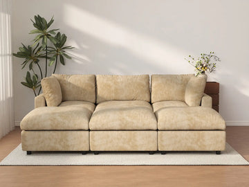 Deluxe Cloud 3-Seater Khaki Large Space Pit Sectional | 6-Piece (Includes 3 Ottomans), Linen-Blend Chenille Fabric, Easy To Clean