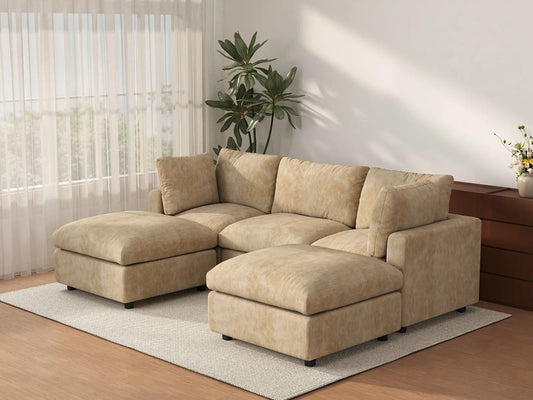 Deluxe Cloud 3-Seater Khaki Large Space U-Shaped Sectional | 5-Piece (Includes 2 Ottomans), Linen-Blend Chenille Fabric, Easy To Clean