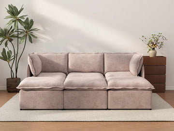 Deluxe Cloud 3-Seater Khaki Pit Sectional | 6-Piece (Includes 3 Ottomans), Linen Look Poly Fabric, Washable Cushion Covers