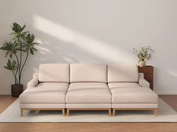 Deluxe Cloud 3-Seater Khaki Pit Sectional | 6-Piece (Includes 3 Ottomans), Linen Look Poly Fabric, Washable Cushion Covers