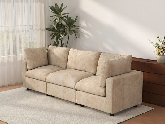 Seccional Sofá Cama de Lujo 3 Plazas Color Caqui Nube para Espacios Pequeños | 3 Piezas, Tela de Chenilla Mezcla de Lino, Fácil de Limpiar