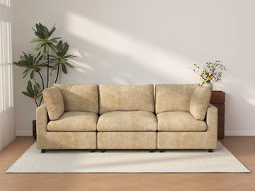 Deluxe Cloud 3-Seater Khaki Small Space Couch Sectional | 3-Piece, Linen-Blend Chenille Fabric, Easy To Clean