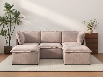 Deluxe Cloud 3-Seater Khaki U-Shaped Sectional | 5-Piece (Includes 2 Ottomans), Linen Look Poly Fabric, Washable Cushion Covers