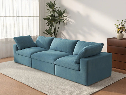 Deluxe Cloud 3-Seater Light Blue Couch Sectional | 3-Piece, Velvet Fabric, Living Room Seating, Washable Cushion Covers