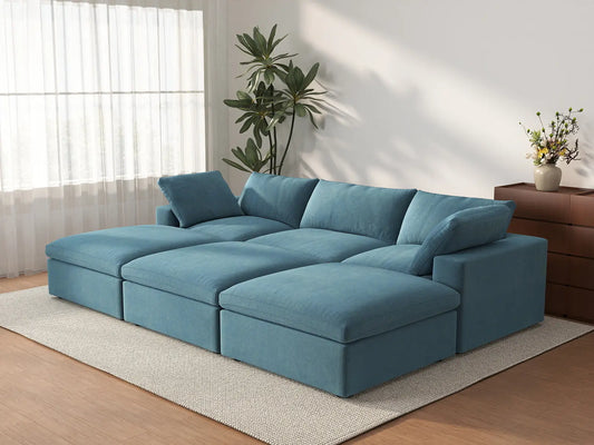 Deluxe Cloud 3-Seater Light Blue Pit Sectional | 6-Piece (Includes 3 Ottomans), Velvet Fabric, Family Room Seating, Washable Cushion Covers