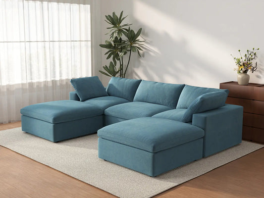 Deluxe Cloud 3-Seater Light Blue U-Shaped Sectional | 5-Piece (Includes 2 Ottomans), Velvet Fabric, Family Room Seating, Washable Cushion Covers