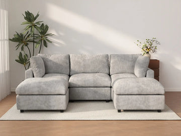 Sofá Seccional en Forma de U Deluxe Cloud de 3 Asientos, Gris Claro | 5 Piezas (Incluye 2 Otomanas), Tela de Chenilla Mezcla de Lino, Fundas de Cojín Lavables