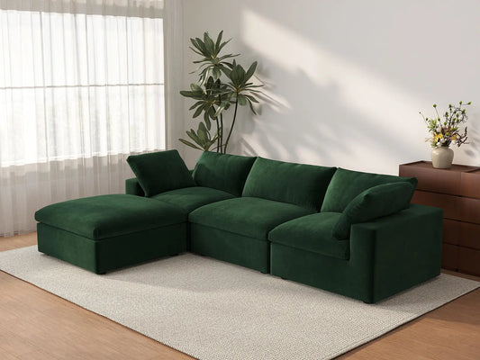 Deluxe Cloud 3-Seater Olive Green Sofa Set | 4-Piece (Includes 1 Ottoman), Velvet Fabric, Washable Cushion Covers