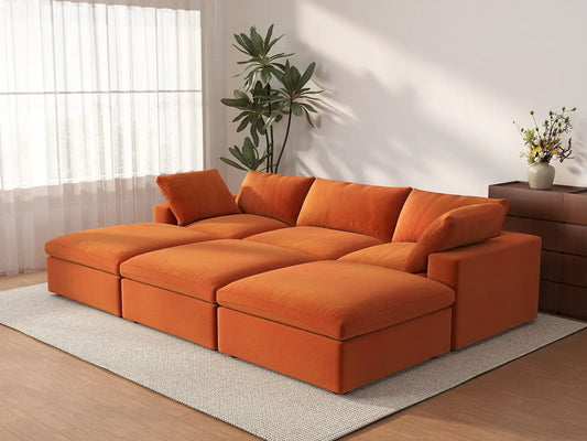 Deluxe Cloud 3-Seater Orange Pit Sectional | 6-Piece (Includes 3 Ottomans), Velvet Fabric, Family Room Seating, Washable Cushion Covers