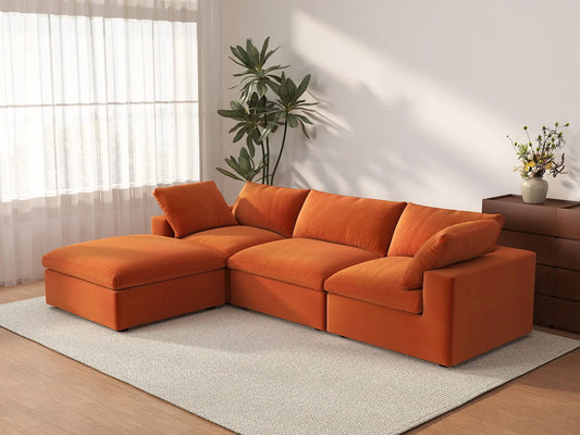Deluxe Cloud 3-Seater Orange Sofa Set | 4-Piece (Includes 1 Ottoman), Velvet Fabric, Washable Cushion Covers