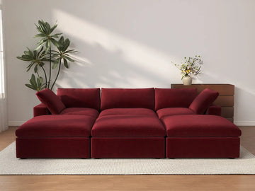 Deluxe Cloud 3-Seater Pit Sectional in Claret Velvet | 6-Piece (Includes 3 Ottomans), Family Room Seating, Easy To Clean, Modular Design