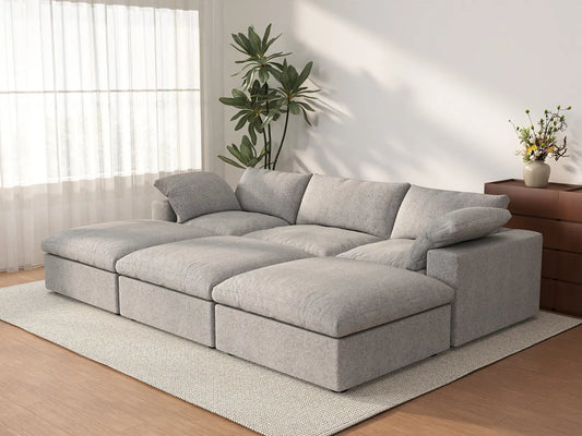 Deluxe Cloud 3-Seater Pit Sectional in Light-Grey Cotton And Linen | 6-Piece (Includes 3 Ottomans), Family Room Seating, Easy To Clean, Modular Design