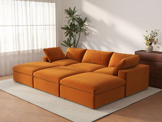 Deluxe Cloud 3-Seater Pit Sectional in Terracotta Velvet | 6-Piece (Includes 3 Ottomans), Family Room Seating, Easy To Clean, Stylish Design