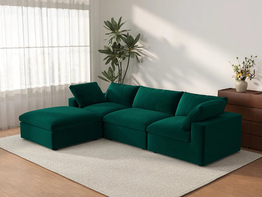 Deluxe Cloud 3-Seater Sofa Set in Gem Green Velvet | 4-Piece (Includes 1 Ottoman), Easy To Clean, Large Space