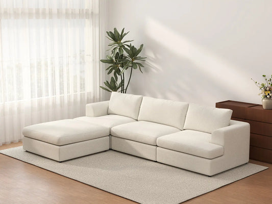 Sofá Seccional en Forma de L de 3 Plazas Deluxe Cloud, Grande, Blanco | 4 Piezas (Incluye 1 Otomana), Tejido Bouclé Tipo Sherpa, Fácil de Limpiar
