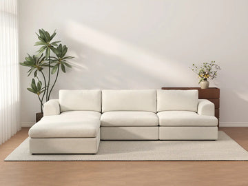 Deluxe Cloud 3-Seater White Large Space L-Shaped Sectional | 4-Piece (Includes 1 Ottoman), Bouclé Sherpa-Like Fabric, Easy To Clean