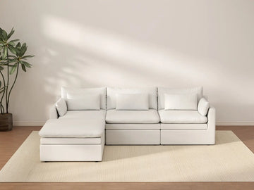 Seccional en forma de L grande de 3 plazas Deluxe Cloud blanco | 4 piezas (incluye 1 otomana), tejido de poliéster con aspecto de lino, fácil de limpiar