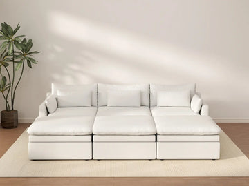 Deluxe Cloud 3-Seater White Large Space Pit Sectional | 6-Piece (Includes 3 Ottomans), Linen Look Poly Fabric, Easy To Clean