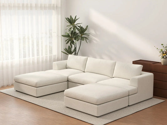 Sofá Seccional en Forma de U Deluxe Cloud de 3 Plazas Blanco Grande | 5 Piezas (Incluye 2 Otomanas), Tela Tipo Sherpa de Bouclé, Fácil de Limpiar