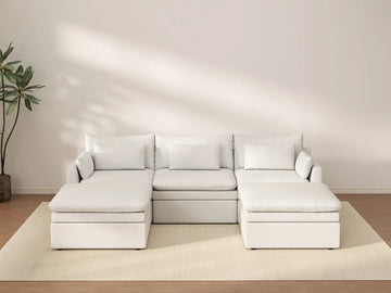 Deluxe Cloud 3-Seater White Large Space U-Shaped Sectional | 5-Piece (Includes 2 Ottomans), Linen Look Poly Fabric, Easy To Clean