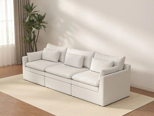 Sofá seccional de 3 plazas Deluxe Cloud blanco para espacios pequeños | 3 piezas, tejido de poliéster con apariencia de lino, fácil de limpiar