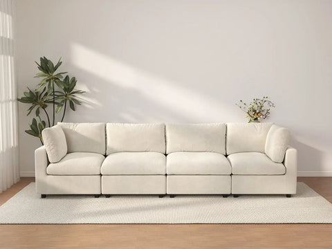 Seccional de sofá de 4 plazas extragrande Deluxe Cloud en beige | 4 piezas, tela de chenilla de mezcla de lino, fácil de limpiar