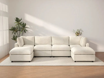 Seccional grande en forma de U de 4 plazas Deluxe Cloud color beige | 6 piezas (incluye 2 otomanas), tela de chenilla mezcla de lino, fácil de limpiar