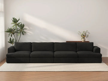 Deluxe Cloud 4-Seater Black Couch Sectional | 4-Piece, Bouclé Sherpa-Like Fabric, Washable Cushion Covers