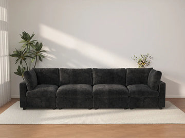 Sofá seccional de 4 plazas Deluxe Cloud negro | 4 piezas, tela de chenilla mezcla de lino, fundas de cojín lavables