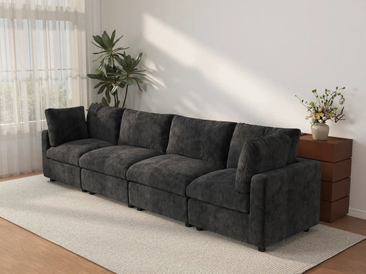 Sofá seccional de 4 plazas Deluxe Cloud negro | 4 piezas, tela de chenilla mezcla de lino, fundas de cojín lavables