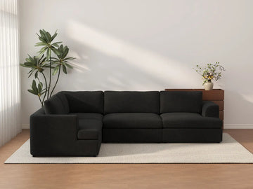 Deluxe Cloud 4-Seater Black L-Shaped Sectional | 4-Piece, Bouclé Sherpa-Like Fabric, Washable Cushion Covers