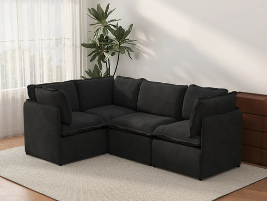 Deluxe Cloud 4-Seater Black L-Shaped Sectional | 4-Piece, Linen Look Poly Fabric, Washable Cushion Covers