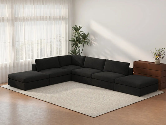 Seccional Deluxe Cloud de 4 plazas en L de color negro | 6 piezas (incluye 2 otomanas), tela tipo borreguillo buclé, fundas de cojín lavables
