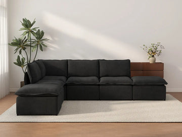 Deluxe Cloud 4-Seater Black L-Shaped Sectional | 6-Piece (Includes 2 Ottomans), Linen Look Poly Fabric, Washable Cushion Covers