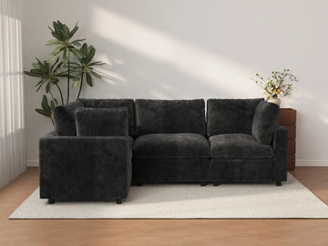 Seccional en L de 4 plazas Cloud Deluxe, negro | 4 piezas, tela de chenilla de mezcla de lino, fundas de cojín lavables