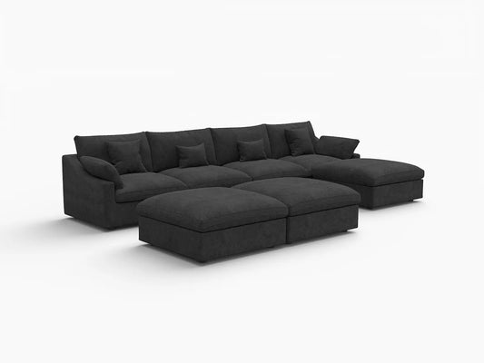 Deluxe Slope Cloud Sectional Sofa Covers | Black Chenille and Linen Sofa Cover for 4-Seater with 3-Ottomans