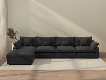 Deluxe Cloud 4-Seater Black Washable L-Shaped Sectional | 5-Piece (includes 1 Ottoman), Chenille and Linen Fabric, Modular Design