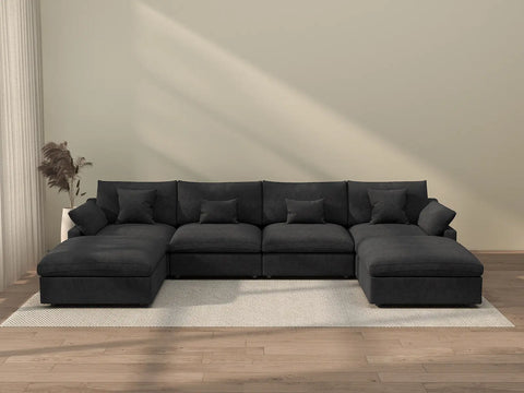Sofá modular modular Deluxe Cloud de 4 plazas, color negro, lavable, en forma de U | Juego de 6 piezas (incluye 2 otomanas), tejido de chenilla y lino, diseño modular.