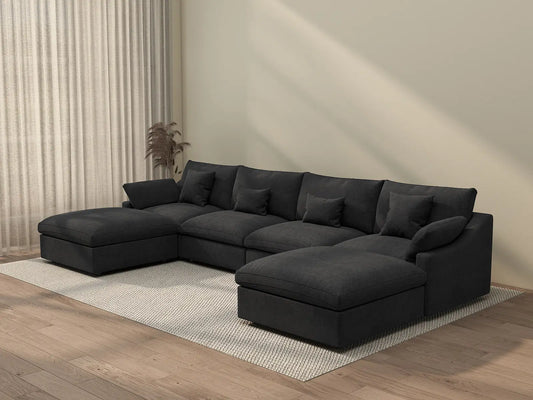 Sofá modular modular Deluxe Cloud de 4 plazas, color negro, lavable, en forma de U | Juego de 6 piezas (incluye 2 otomanas), tejido de chenilla y lino, diseño modular.